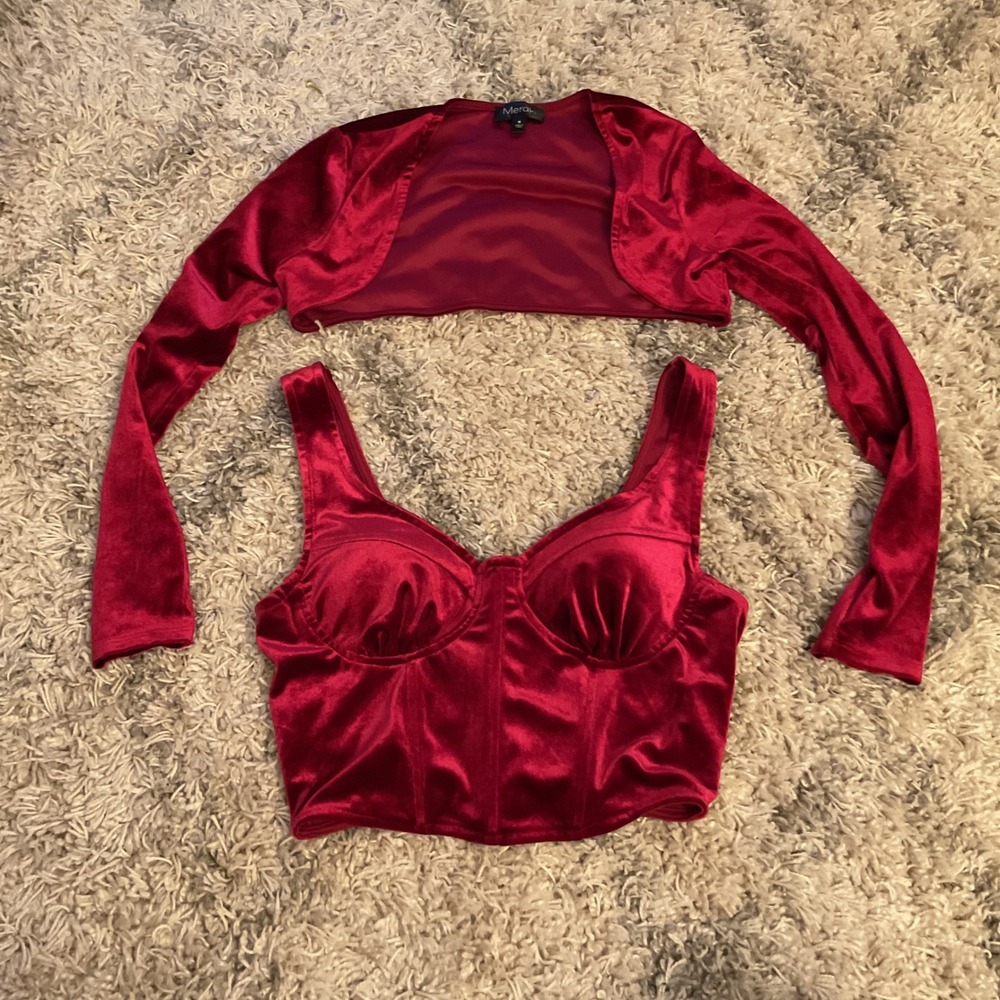 Meraki Burgundy Red Velvet Corset Top and‎ Bolero Shrug Set Womens Medium